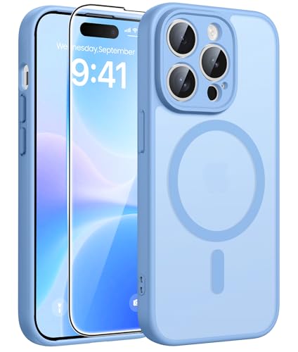 Image of FNTCASE for iPhone 14 Pro Max Case: [Compatible with Magsafe] Translucent Matte Cases with [Full Camera Protection] [Screen Protector] Military Grade Shockproof Protective Phone Cover - Light Blue