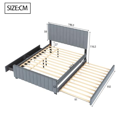 Wyibwy Cama de matrimonio de 140 x 190 cm con cama nido con 2 cajones, cama de invitados, tela de terciopelo agradable al tacto, gris (sin colchón) - imagen 2