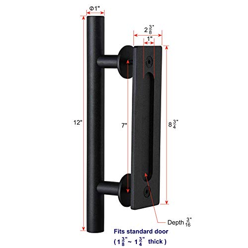 (2 Pack) Haritoft 12" Sliding Barn Door Handle Pull and Flush Hardware Set, Flat Back-Plate Design, Rustic Black