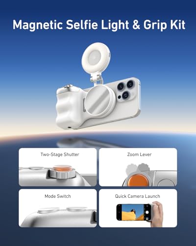 Image of TELESIN Creator Kit - Fun Shot Magnetic Phone Camera Grip + C03 Magnetic Selfie Light (White)Bundle Kit Compatible with iPhone Magsafe & Android Selfies /Photography /TikTok /Zoom Calls /Video Conference