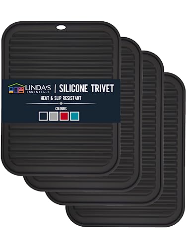 Silicone Trivets for Hot Dishes, Pots, Pans (4 Pack) - Heat-Resistant Pot Holders for Kitchen Countertop Mats - Silicone Trivet Mat (9 x 12 Inch) - Multipurpose Counter Pads (Black)