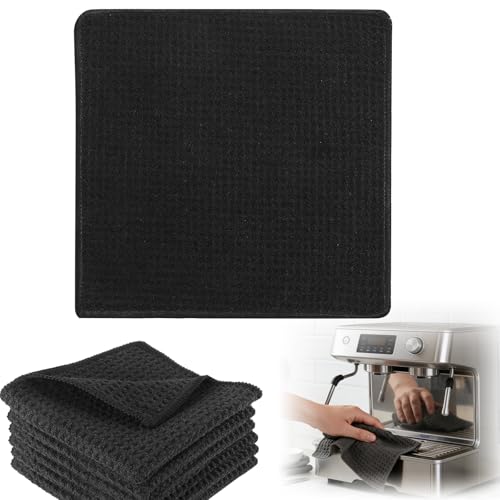 Fresilkora 6 Pack Black Microfibre Tea Drying Towels Waffle Texture 20x20cm Super Absorbent Dish Cloths for Kitchen Quick Dry No Lint Barista Cloth Washable Cleaning Towels for Drying Dishes