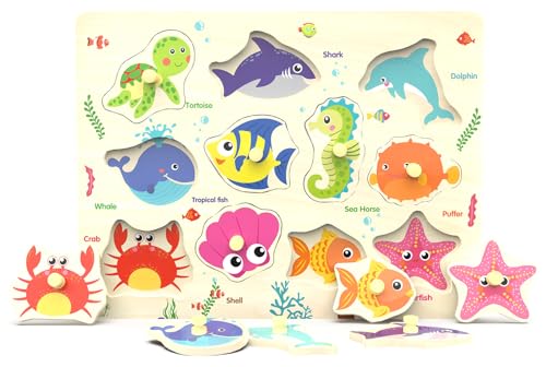 Wooden Peg Puzzle, Sea Creature Chunky Baby Puzzles, Colorful Wood Shape Puzzle Peg Board, Animal Knob Puzzles for Educational Toddlers 18 Months and...