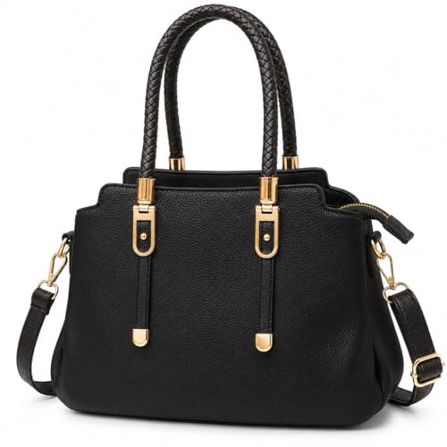 Bolsa Feminina Couro Sintético Macio com Alça Tramada, Zíper, 3 Compartimentos e Alça Transversal (Preto)