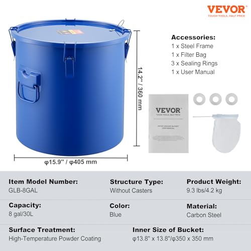 VEVOR Fryer Grease Bucket, 10 Gal Oil Disposal Caddy Carbon Steel Fryer Oil Bucket with Rust-Proof Coating, Oil Transport Container with Lid, Lock Clips, Filter Bag for Hot Cooking Oil Filtering