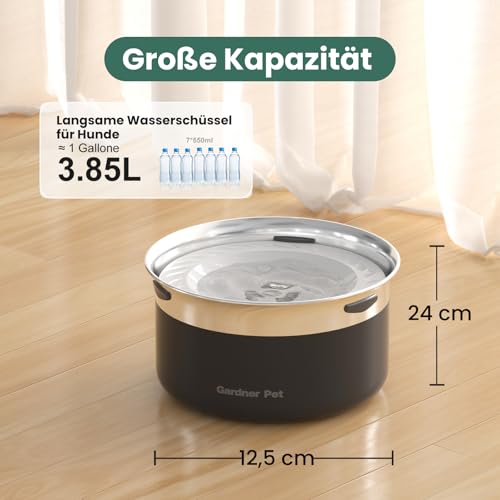 Gardner Pet Wassernapf Hund ohne Sabbern, 3,85L Edelstahl Hundenapf Auslaufsicher, Anti-Verschluck-Wasser für große Hunde, Für Innen, draußen geeignet, Verhindert Tropfen, Schwarz