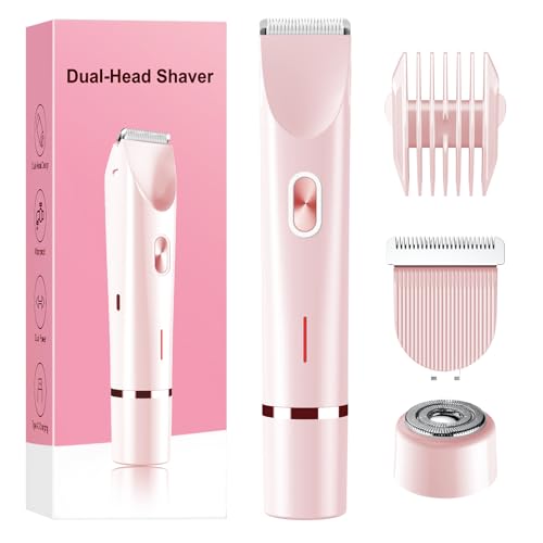 Bikini Trimmer for Women Electric Razors for Women, Double Head Dual Purpose, IPX7 Waterproof Hair Razor, Ceramic Blade Hair Trimmer Wet & Dry Use, Painless Electric Shaver for Facial and Body (Pink)