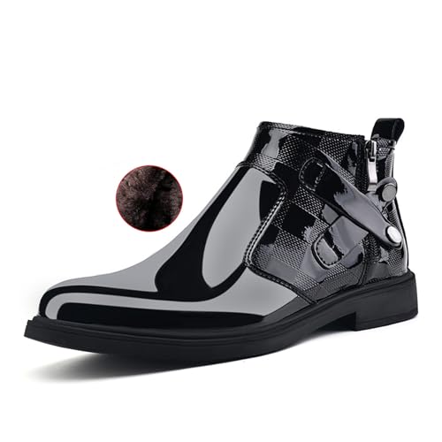 Men's Patent Leather Chunky Heel Chelsea Boots with Side Zipper Retro Round Head Square Texture Warm Plush Lining Business Formal Short Boots