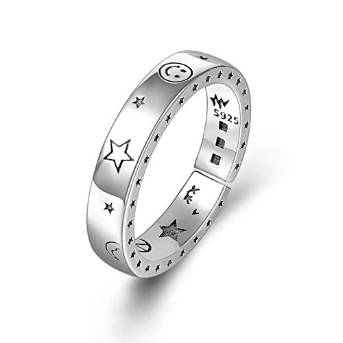 Adjustable Moon Star Band Ring 925 Sterling Silver Boho Handmade Fashion Jewelry for Women