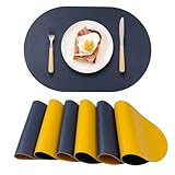 Reversible Placemats Set of 6 Waterproof Oval Faux Leather Placemat Navy Blue and Yellow PU Table Mats Heat Resistant Anti Slip Washable Place Mat for Indoor and Outdoor Dining Table