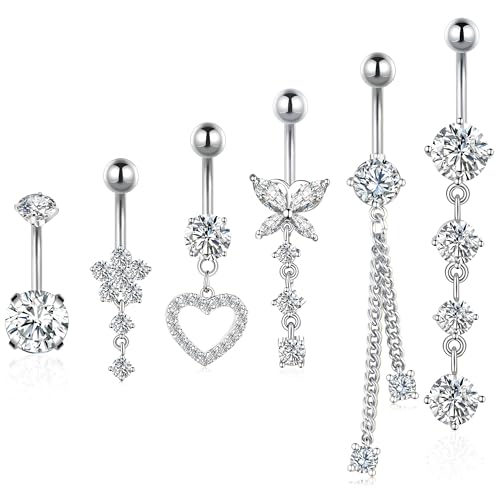Belly Button Ring Gold Silver CZ Belly Rings for Women Heart Butterfly Flower Dangle Navel Belly Button Piercing Jewelry