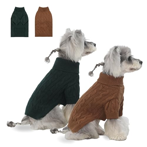Image of 2Pack Small /Medium Dog Sweater, Warm Dog Winter Coat w /Sleeves, Comfortable High Neck Premium Dog Clothes for Schnauzer-Best for Holidays, Daily Walks M Brown Light Green