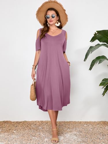 Image of LARACE Plus Size Women Dress for Summer, Midi Women's Sundress, Casual V-Neck Short Sleeve Flowy T-Shirt Dresses with Pockets