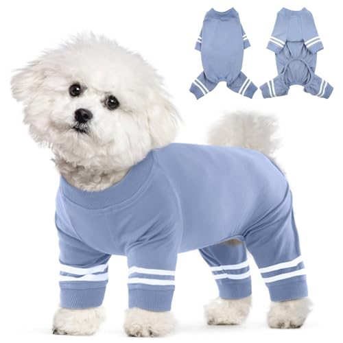 Katzinst Hunde Body,Hundekleidung Kleine Hunde,Kragen und Bündchen aus Rippstrick, Weich Atmungsaktiv Warmer Hundepyjama für Alle Jahreszeiten,Weißer Hundebody mit Doppelten Streifen,Haze-Blau M