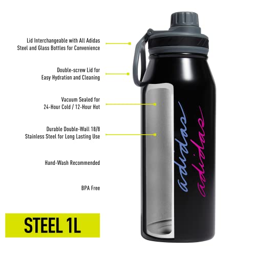 Image of adidas Metal Water Bottle 1L | Double-Wall Insulated, Leak-Resistant Lid, Stays Cold 24 Hours, Stays Hot 12 Hours, Swap-Friendly Lid, Workouts & Daily Use