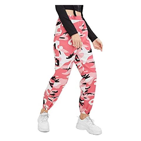 Women's Camouflage Jogger Trousers Elastic Waist Floral Sport Pants for Yoga Fitness Exercise (S, Pink) Cover