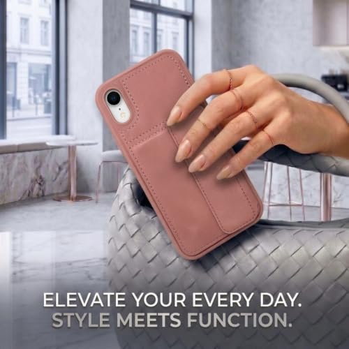 Image of amazon basics Luxury Vegan Leather Back Cover for iPhone XR | Built-in Card Holder Slot | Integrated Mobile Stand | Slim Shockproof Protective Case with Stitched Finish - Pink