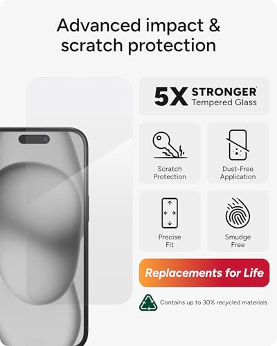 Image of ZAGG Glass Elite iPhone 15 Screen Protector - 5X Stronger with Reinforced Edges, Scratch & Smudge-Resistant Surface, InvisibleShield, Easy to Install