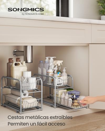 Miniatura 3 de Songmics Organizador De Cocina, Estantería De 2 Niveles Extraíbles Para Armario, Organizador Apilable Bajo El Fregadero Con Cajones, Para Cocina, Baño, Gris Paloma Kcs017e01v1