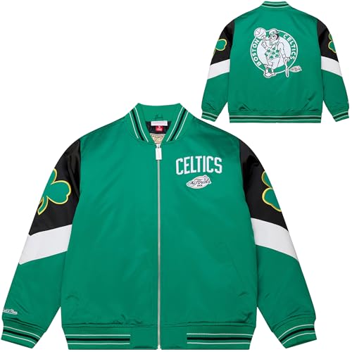 Mitchell & Ness Throw it Back Heavyweight Vintage Satin Giacca (NBA) con cerniera intera, loghi ricamati, uomini, donne, bambini, unisex, primavera, estate, autunno, inverno, Boston Celtics, L