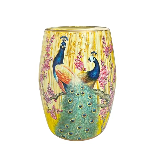 Onipig Hand-Painted Floral Bird Ceramic Drum Stool - Oriental Artistry Storage Ottoman, Accent Seat, End Table (Peacock‘s Majestic Bloom（Glaze Variation）)