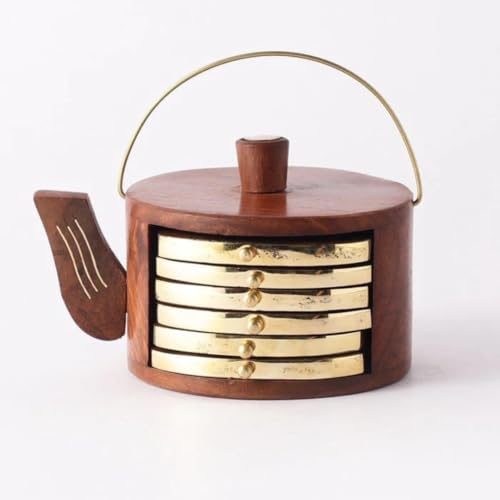 Image of Oaklyn Handcrafted Rosewood Kettle Design Coaster Set (Set of 6) with Stand | Stylish Tea & Coffee Coasters for Dining & Living Room Table