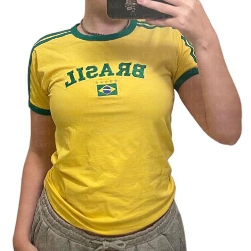 Vintage Graphic Baby Tees for Women Brazil Shirt Y2k Tops Mexico Crop Top Jersey 2000s Summer Going Out Tops