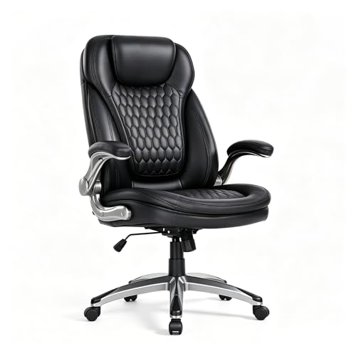 Image of COLAMY High Back Executive Office Chair - Ergonomic PU Leather Desk Chair with Flip-Up Armrests,Height, Lumbar Support, Comfortable Computer Chair for Home Office - Black