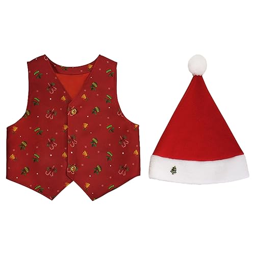 Generisch Noël 2026 Tenue de fête pour tout-petit garçon fille avec imprimé de Noël - Costume de fête, veste, chapeau, ensemble, rouge, 8-10 ans