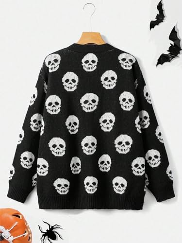 WDIRARA Women's Plus Size Halloween Skeleton Skull Cardigans Drop Shoulder Open Front Cardigan Sweater2