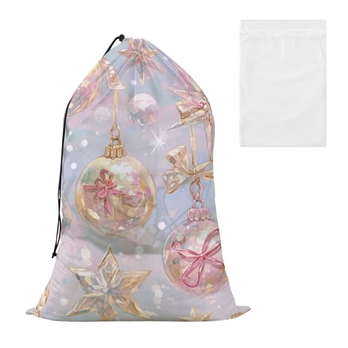 Bolsa de almacenamiento de viaje con diseño de campana de Navidad y copo de nieve, color rosa dorado con bolsa de lavado de malla para la colada, para dormitorio universitario, lavable, bolsa de ropa