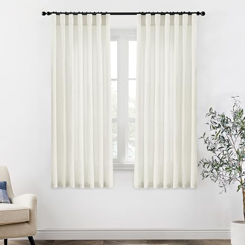 Image of XTMYI 63 Inch Length Linen Sheer Curtains for Bedroom 2 Panels Back Tab Hooks Pleat Rod Pocket Light Filtering Semi Transparent Opaque Drapes for Living Room Bathroom Window,50x63 in Long,Cream Beige