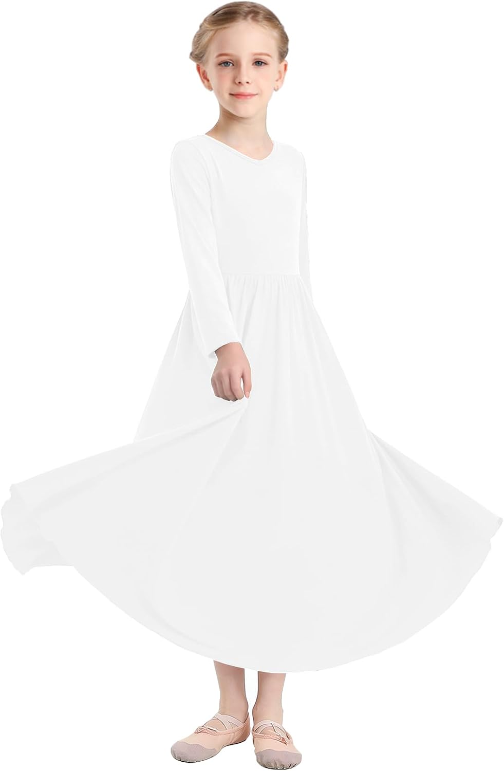 Girls Long Sleeve Praise Dance Dress V-Neck Liturgical Worship Dance Costumes Swing Lyrical Dancewear