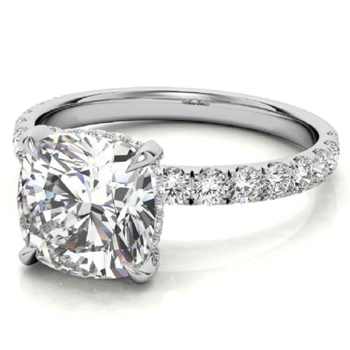 2CT-4CT Cushion Cut Moissanite Handmade Anniversary Ring for Women Hidden Halo Solitaire Pave Engagement Ring, Gifts for Her