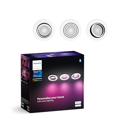 Philips Hue White & Color Ambiance Centura Pack of 3 Round recessed spotlights, dimmable Ceiling Lights for The Hue System with 16 Million Colours, Intelligent Light Control via Voice and app, White.