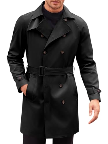 Runcati Mens Trench Coat Double Breasted Mid Long Jacket Casual Belted Overcoat Notched Lapel Windbreaker