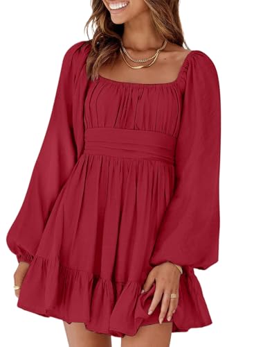 Image of Dokotoo Womens Dress Long Lantern Sleeve Square Neck Tie Backless Sexy Dress Ruffle Elastic Waist A-Line Mini Dress