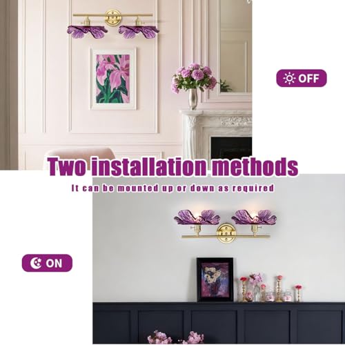 Image of Purple Glass Wall Sconce, 2-Light Gold Bathroom Vanity Lights Over Mirror with Petal Glass Shade, Indoor Art Decor Wall Mount Light for Girl Room Doorway Hallway