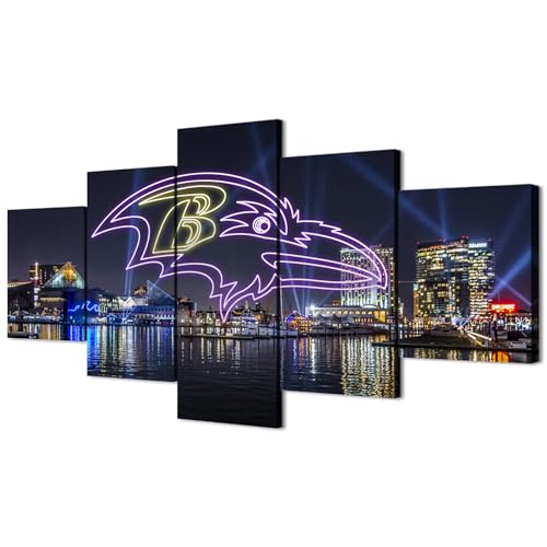 (60X100CM/5PCS) Frame Canvas Print Poster - Baltimore Inner Harbor American football Neon Ravens badge - City Landscape Wall Art for Home and Office Decor