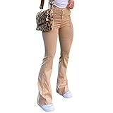 LONGBIDA High Waisted Flare Jeans for Women-Stretch Skinny Bell Bottom Jean Straight Leg Frayed Raw Hem Denim Pants(Khaki,M)