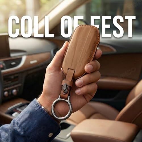 Image of Wooden PU Leather Key Cover Compatible with Kia Seltos 2024 2023 Facelift HTX Carens X Line Sonet Facelift 4 Button Smart Key Stylish Wooden Texture & Durable Premium Leather Protection