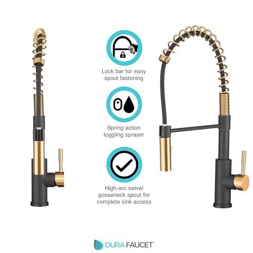 Image of Dura Faucet DF-MK504SLK-MBRG RV High-Arc Pull-Down Kitchen Faucet (Matte) | Spring single-handle design with a swivel spout for cooking and cleanup. Matte Black /Rose Gold finish.