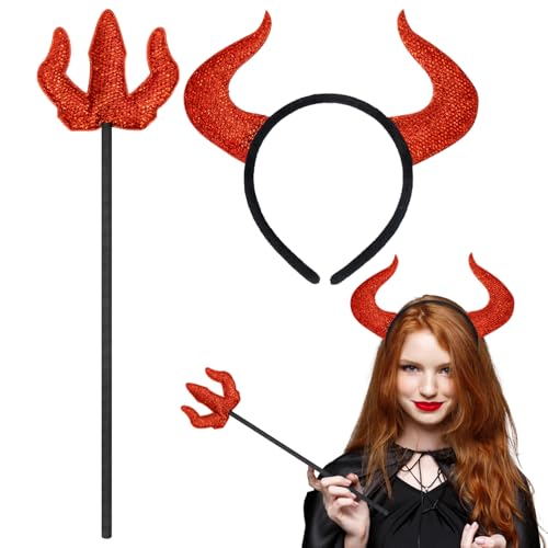 Red Devil Horns and Devil Fork Set 2pcs Devil Costume Women Devil Horns Headband and Devil Pitchfork Devil Accessories for Kids Adults Halloween Party Fancy Dress Cosplay Accessory Y7NJFGCZ