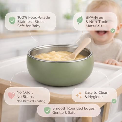 Image of Stainless Steel Baby Feeding Bowl with Silicone Cover | Non-Slip, BPA Free, Safe for Infants & Toddlers,Olive Green