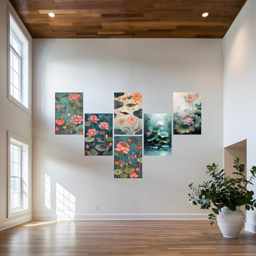 Image of SiddArtify Lotus Pond Wall Art Poster Print Set - Botanical Fish Turtle Decor for Living Room Bedroom Office - 12x18 inch Board Pack of 6