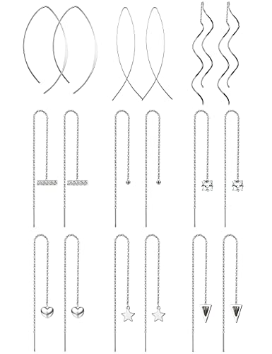 IRONBOX 9Pairs Threader Earrings for Women Stainless Steel Curved Ear Threader Chain Earrings Heart Star CZ Drop Dangle Chain Tassel Threader Earrings Lightweight Threader Earrings Set