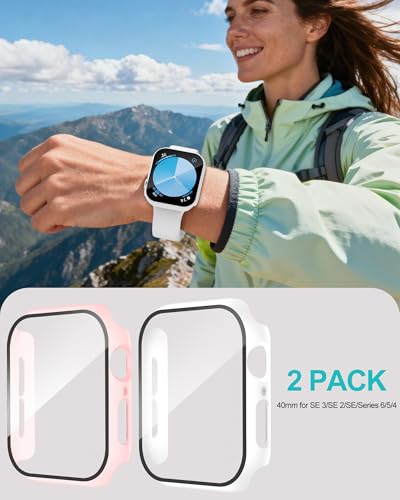 Image of Smiling 2 Pack Compatible with Apple Watch SE 3 (2025) / SE 2 / SE /Series 6 /5 /4 40mm with Tempered Glass Screen Protector, Hard PC Case- 1 SandPink + 1 White