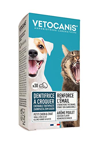 VETOCANIS Dentifrice à Croquer pour petit chien et Chat. Elimine le Tartre. Haleine Fraiche. Arôme Poulet. 30 Pastilles