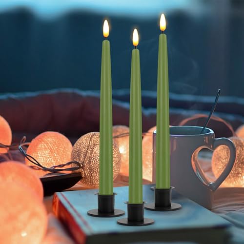 Image of CVHOMEDECO. Flameless Taper Candles with 10-Key Remote, Battery Operated Led Flickering 3D Wick Window Candles Real Wax Finished Home Christmas Party Decor 0.78 x 11 Inch, Pack of 3, Sage Green