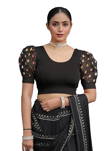Amazon Brand - Anarva Round Neck Lycra Stretchable Puffed Elbow Sleeve Readymade Saree Blouse for Women Stylish